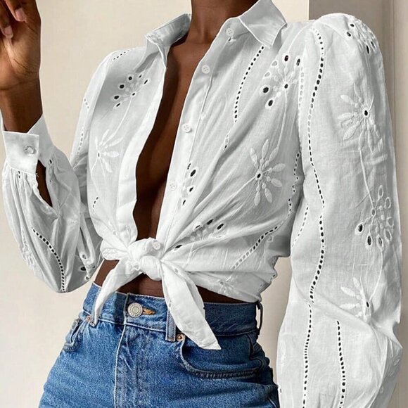 White Casual Women's Hollow Out Embroidery Button Front Long Sleeve Shirt - Picture 2 of 5
